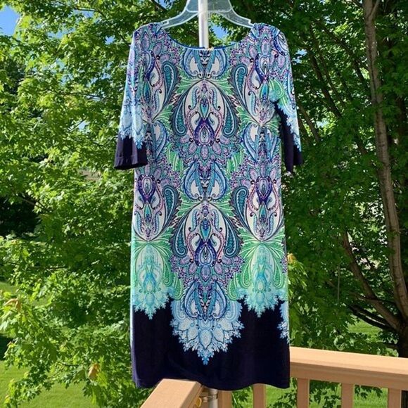 Eliza J Paisley lightweight lined‎ Stretchy Comfy Blue Green Spring Dress Sz 4 - Picture 1 of 7